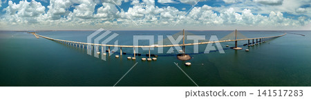 Sunshine Skyway Bridge over Tampa Bay in Florida with moving traffic. Concept of transportation infrastructure 141517283