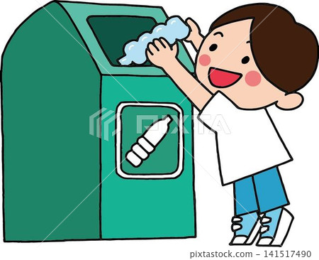 An illustration of a boy throwing away a plastic bottle. An illustration of a boy throwing away a plastic bottle. 141517490