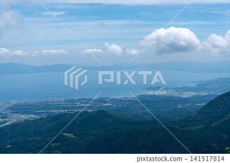 A beautiful bird's-eye view of the deep green mountain range, Tachibana Bay, and Amakusa area from Unzen, Nagasaki. A beautiful bird's-eye view of the deep green mountain range, Tachibana Bay, and Amakusa area from Unzen, Nagasaki. 141517814
