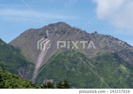 A telephoto shot of the rugged lava dome and pyroclastic flow traces at the summit of Mt. Heisei-Shinzan. 141517816