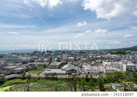 An aerial view of Shimabara city from the moat and lotus pond of Shimabara Castle. An aerial view of Shimabara city from the moat and lotus pond of Shimabara Castle. 141518097