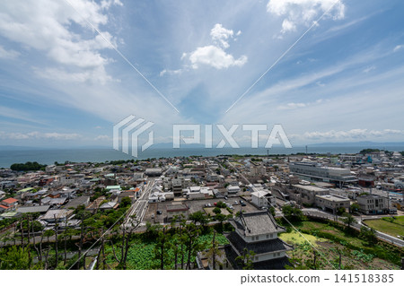 A panoramic view of Nagasaki, with thin clouds spreading radially and the Ariake Sea and Shimabara city in the background. A panoramic view of Nagasaki, with thin clouds spreading radially and the Ariake Sea and Shimabara city in the background. 141518385