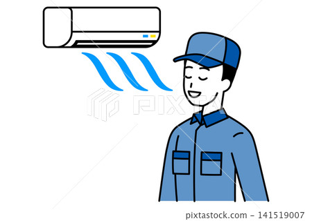 A man in overalls cools himself off with an air conditioner. A man in overalls cools himself off with an air conditioner. 141519007