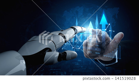 Futuristic Robotic Hand Interacting with Digital Graphs and Data Analysis Interface in a Dark Technology Background Scalp Futuristic Robotic Hand Interacting with Digital Graphs and Data Analysis Interface in a Dark Technology Background Scalp 141519028