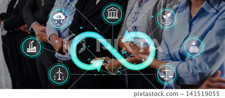 Business professionals standing in line with digital sustainability icons and infinity symbol representing renewable energy and environmental responsibility. Sentient Business professionals standing in line with digital sustainability icons and infinity symbol representing renewable energy and environmental responsibility. Sentient 141519055