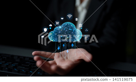 Hand Reaching for Cloud Technology with Digital Icons Representing Data Transfer, Connectivity, and Modern Communication in Business Environment. Glyphic 141519075