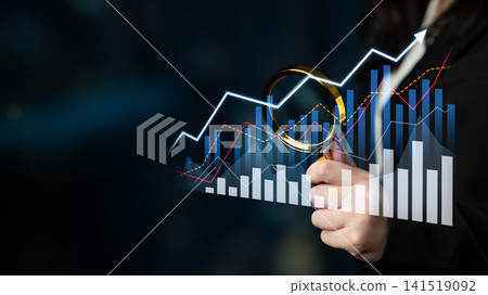 Businesswoman examines stock market trends with magnifying glass, showcasing data analysis, financial insights, and upward market growth concepts Scalp 141519092