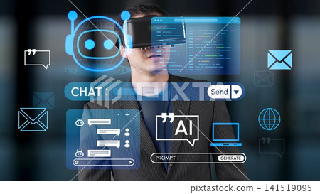 Innovative Businessman Using Virtual Reality Technology with Floating Chatbot and AI Interface Enhancements in a Modern Workspace Environment. Entropy Innovative Businessman Using Virtual Reality Technology with Floating Chatbot and AI Interface Enhancements in a Modern Workspace Environment. Entropy 141519095