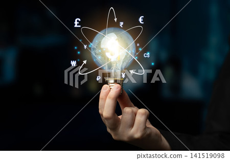 Bright Idea with Light Bulb Symbolizing Global Currency Exchange and Economic Growth in a Modern Business Environment. Sentient Bright Idea with Light Bulb Symbolizing Global Currency Exchange and Economic Growth in a Modern Business Environment. Sentient 141519098