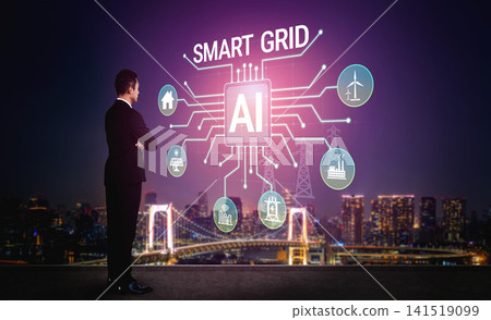 Businessman Observing Innovative Smart Grid Technology and Artificial Intelligence in a Modern Cityscape at Night Haptic Businessman Observing Innovative Smart Grid Technology and Artificial Intelligence in a Modern Cityscape at Night Haptic 141519099