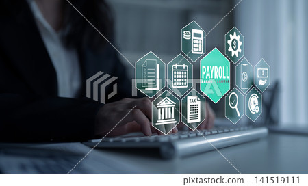 Business Professional Working on Payroll Management with Digital Icons and Symbols Overlaid on Laptop Keyboard in Modern Office Environment Fluxor Business Professional Working on Payroll Management with Digital Icons and Symbols Overlaid on Laptop Keyboard in Modern Office Environment Fluxor 141519111