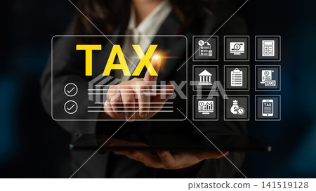 Business person interacting with digital tax icons on a touchscreen interface showcasing tax planning, financial services, and tax preparation systems in a dark environment Cyphers. Business person interacting with digital tax icons on a touchscreen interface showcasing tax planning, financial services, and tax preparation systems in a dark environment Cyphers. 141519128