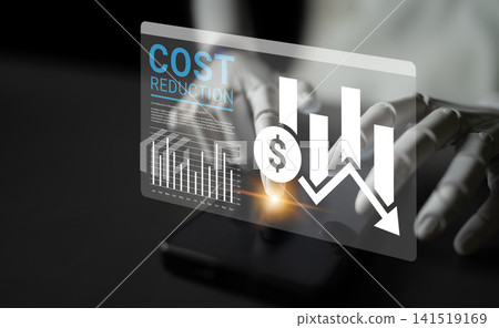 Hand interacting with digital display showcasing graphs and icons related to cost reduction, financial analysis, and market trends in a modern workspace Ledger Hand interacting with digital display showcasing graphs and icons related to cost reduction, financial analysis, and market trends in a modern workspace Ledger 141519169