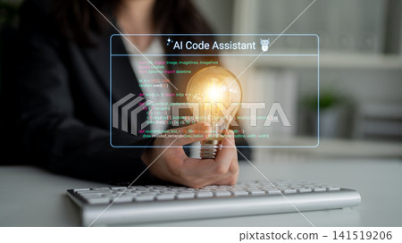 Innovative AI Code Assistant Concept with Bright Light Bulb in Hand Reflecting Technology and Creativity in Modern Workspace Environment Cyphers. Innovative AI Code Assistant Concept with Bright Light Bulb in Hand Reflecting Technology and Creativity in Modern Workspace Environment Cyphers. 141519206