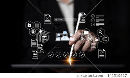 Digital Innovation Concept with Businessman Using Tablet to Access Data and Technology Interface for Collaboration and Project Management Gantry Digital Innovation Concept with Businessman Using Tablet to Access Data and Technology Interface for Collaboration and Project Management Gantry 141519217