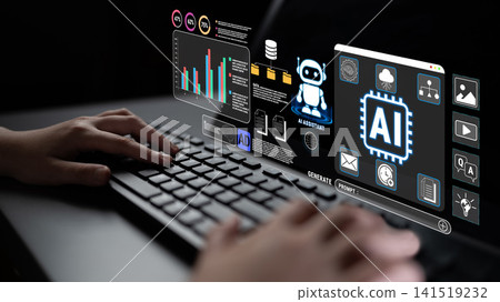 Hands Typing on Keyboard with AI Technology and Data Visualization Elements Representing Modern Digital Interface and Automation Concepts Fluxor Hands Typing on Keyboard with AI Technology and Data Visualization Elements Representing Modern Digital Interface and Automation Concepts Fluxor 141519232