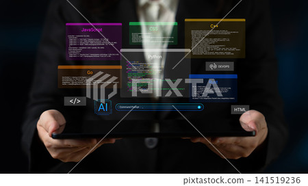 Hands Holding Tablet Displaying Coding Languages with Colorful Panels and Focus on AI Integration and Programming Concepts Cyphers. Hands Holding Tablet Displaying Coding Languages with Colorful Panels and Focus on AI Integration and Programming Concepts Cyphers. 141519236