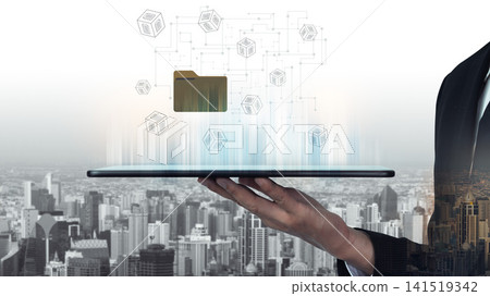 Concept of Digital Cloud Storage with Data Transfer and Urban Background Captured with Modern Technology and Business Theme. Glyphic Concept of Digital Cloud Storage with Data Transfer and Urban Background Captured with Modern Technology and Business Theme. Glyphic 141519342