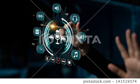 Futuristic Touchscreen Interface with Sound Icons and Microphone for Audio Control and Music Management. Sentient Futuristic Touchscreen Interface with Sound Icons and Microphone for Audio Control and Music Management. Sentient 141519374