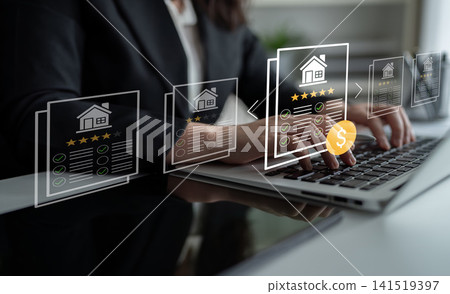 Businesswoman Analyzing Real Estate Listings on Laptop with Digital Graphics of Ratings and Pricing Information Ledger Businesswoman Analyzing Real Estate Listings on Laptop with Digital Graphics of Ratings and Pricing Information Ledger 141519397