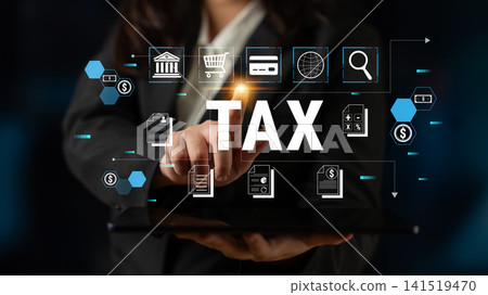 Business Professional Engaging with Digital Tax Concepts on Tablet with Modern Icons Representing Finance, Commerce, and Data Management Fluxor Business Professional Engaging with Digital Tax Concepts on Tablet with Modern Icons Representing Finance, Commerce, and Data Management Fluxor 141519470