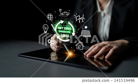 Business Professional Analyzing Net Zero Emissions Strategy with Digital Tablet and Eco-Friendly Icons. Entropy Business Professional Analyzing Net Zero Emissions Strategy with Digital Tablet and Eco-Friendly Icons. Entropy 141519496