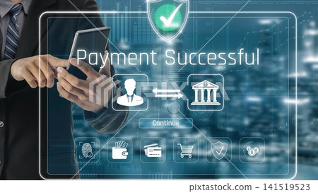 Modern interface showing successful digital payment with icons for security, financial transactions, and online banking, emphasizing user experience and convenience in technology. Sigmoid Modern interface showing successful digital payment with icons for security, financial transactions, and online banking, emphasizing user experience and convenience in technology. Sigmoid 141519523