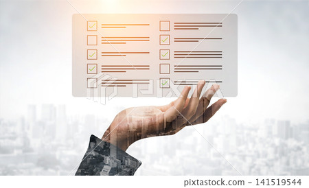 Hand Holding Digital Checklist Over Cityscape Background Representing Task Management and Productivity in Modern Business Environment Cyphers. Hand Holding Digital Checklist Over Cityscape Background Representing Task Management and Productivity in Modern Business Environment Cyphers. 141519544