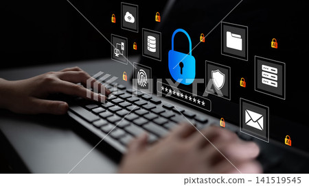Digital Security Concept with Lock Icon, Data Protection Graphics, Cybersecurity Themes, Virtual Security Features and Computer Keyboard Interaction Cyphers. 141519545
