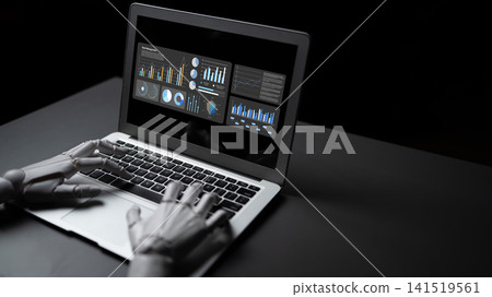 Futuristic robotic hand interacting with laptop displaying data analytics and graphical dashboards in a dark environment for high-tech themes. Gantry Futuristic robotic hand interacting with laptop displaying data analytics and graphical dashboards in a dark environment for high-tech themes. Gantry 141519561