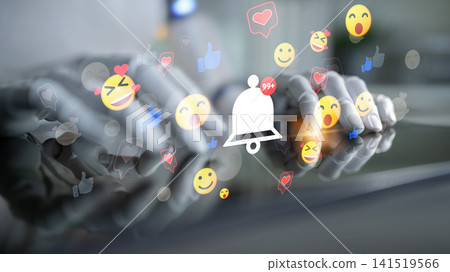 Hands Holding Smartphone with Notification Bell Surrounded by Colorful Emojis Representing Digital Interaction and Social Media Engagement. Sentient Hands Holding Smartphone with Notification Bell Surrounded by Colorful Emojis Representing Digital Interaction and Social Media Engagement. Sentient 141519566