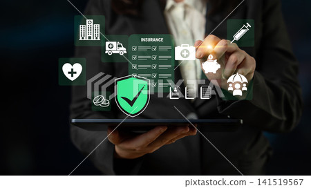 Business Professional Using Tablet with Health Insurance and Medical Icons in Modern Digital Interface Concept for Healthcare Industry. Glyphic 141519567
