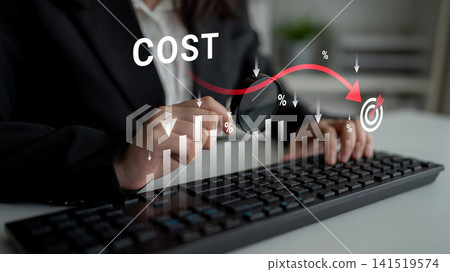 Business Professional Analyzing Cost Trends in Financial Data with Graphs and Target Illustration on Keyboard in Modern Office Environment. Glyphic Business Professional Analyzing Cost Trends in Financial Data with Graphs and Target Illustration on Keyboard in Modern Office Environment. Glyphic 141519574