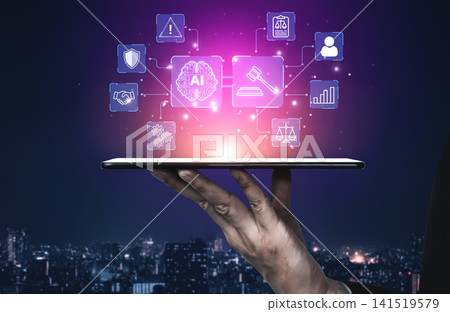 Hand Holding Tablet with Floating Digital Icons Representing Artificial Intelligence, Law, Technology, and Business Concepts Above City Skyline at Night. Entropy 141519579