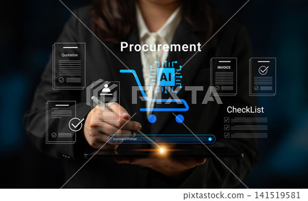 Business Professional Engaging in Digital Procurement Process with AI Technology and Various Documents Representation on Screen Cyphers. Business Professional Engaging in Digital Procurement Process with AI Technology and Various Documents Representation on Screen Cyphers. 141519581