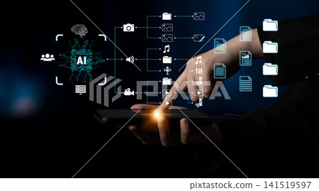 Futuristic Technology Interaction with Smartphone and AI Icons Representing Data and Connectivity in Digital Landscape. Sentient Futuristic Technology Interaction with Smartphone and AI Icons Representing Data and Connectivity in Digital Landscape. Sentient 141519597