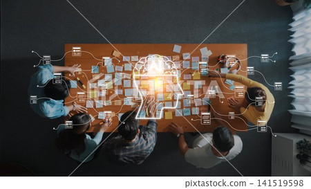 Creative brainstorming session with diverse team generating ideas on sticky notes, conceptual visualization of teamwork and strategy in modern workspace. Raster 141519598