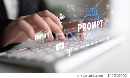 Concept of Digital Input and Prompt Generation with Hands on Keyboard Surrounded by Technology Symbols and Icons Representing Data Processing. Sentient Concept of Digital Input and Prompt Generation with Hands on Keyboard Surrounded by Technology Symbols and Icons Representing Data Processing. Sentient 141519602