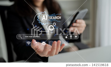 Person Using Mobile Device with AI Search Technology Concept in Modern Office Setting for Innovative Solutions and Digital Assistance. Glyphic Person Using Mobile Device with AI Search Technology Concept in Modern Office Setting for Innovative Solutions and Digital Assistance. Glyphic 141519618