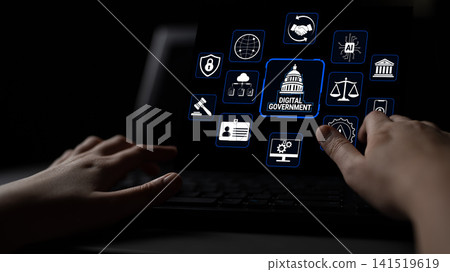 Modern Technology and Digital Government Concept with Iconic Symbols Representing Innovation, Security, Data Management, and Online Services Fluxor 141519619