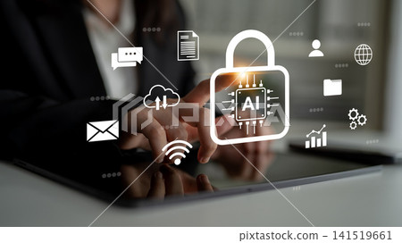 Secure Artificial Intelligence Concept with Lock Symbol and Digital Interface Representations on Tablet Device in Business Environment Gantry Secure Artificial Intelligence Concept with Lock Symbol and Digital Interface Representations on Tablet Device in Business Environment Gantry 141519661