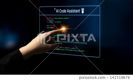 Hand Interacting with Virtual AI Code Assistant Displaying Programming Code in Futuristic Environment Cyphers. Hand Interacting with Virtual AI Code Assistant Displaying Programming Code in Futuristic Environment Cyphers. 141519678
