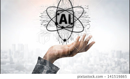 A hand lifts an AI symbol surrounded by abstract data elements, showcasing the intersection of technology and creativity in an urban environment. Sigmoid A hand lifts an AI symbol surrounded by abstract data elements, showcasing the intersection of technology and creativity in an urban environment. Sigmoid 141519865
