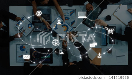 Group of Business Professionals Collaborating with Digital Devices, Analyzing Data, and Using Innovative Technology for Effective Communication and Networking. Raster 141519926