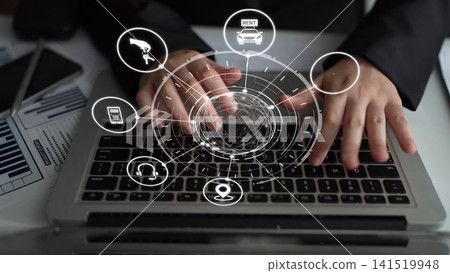 Online car rental service with digital booking and vehicle sharing icons Funnel 141519948