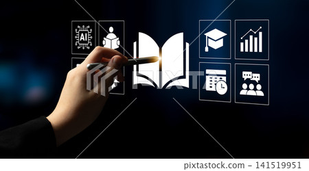 Interactive Learning Concepts with Digital Interface, Technology, and Educational Icons Featuring a Hand Holding a Pen on a Dark Background Ledger 141519951