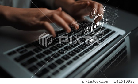 Hands Typing on Laptop with Digital Interface and Icons Representing Data Analysis, Feedback, and Technology Innovation. Entropy Hands Typing on Laptop with Digital Interface and Icons Representing Data Analysis, Feedback, and Technology Innovation. Entropy 141519953