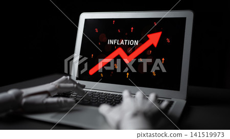 Computer Displaying Rising Inflation Trend with Robotic Hand Illustrating Economic Growth, Financial Analysis and Data Visualization Concept Haptic 141519973