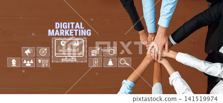 Collaborative Teamwork in Digital Marketing Strategy with Diverse Hands and Technology Elements on Modern Workspace Towards Success Quark Collaborative Teamwork in Digital Marketing Strategy with Diverse Hands and Technology Elements on Modern Workspace Towards Success Quark 141519974