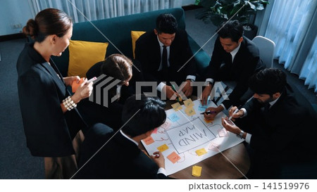 Top view of businesswoman write idea on stick notes while standing. Directorate. Top view of businesswoman write idea on stick notes while standing. Directorate. 141519976